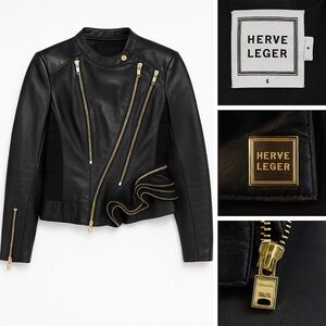 Herve Leger Black Leather Jacket with Gold Zippers